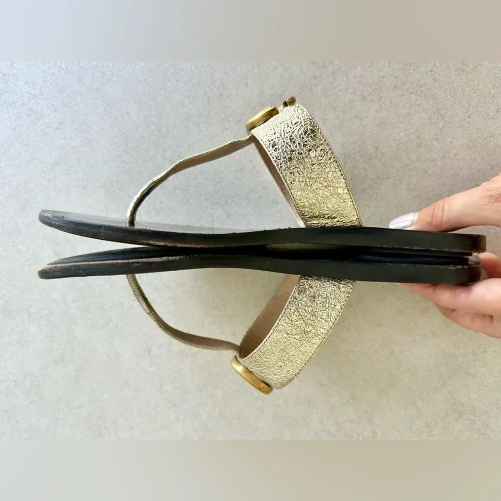 Gucci GG Marmont Sandals Metallic Gold Leather Thong Flats Flip Flops Size 37